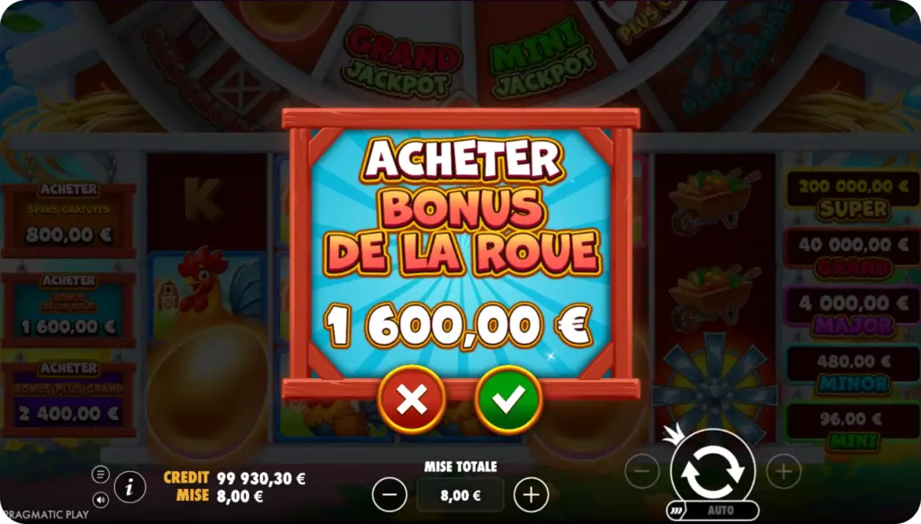 Achat du Bonus de la Roue pour 1 600 € dans la machine à sous Chicken.