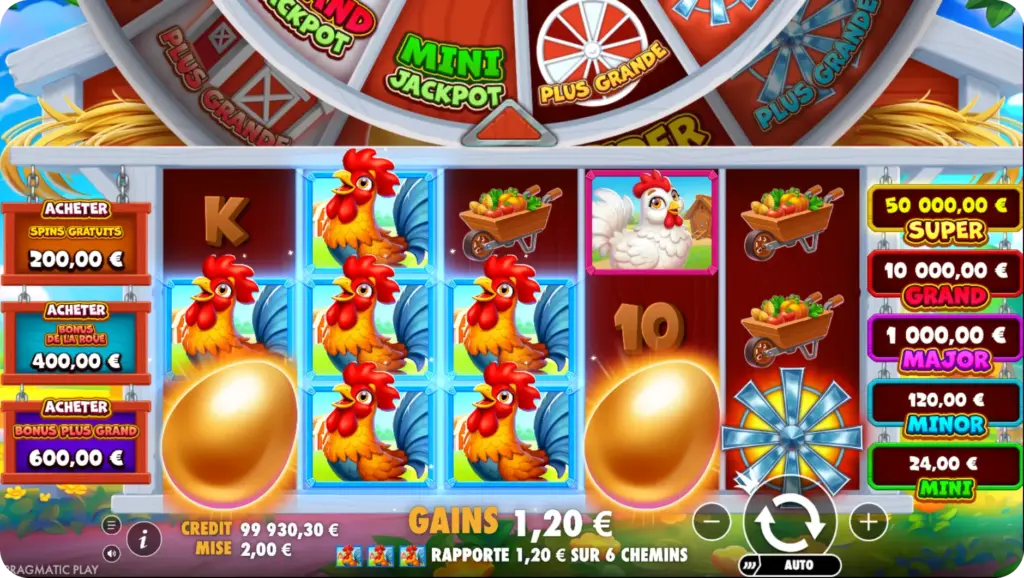 Machine à sous Chicken avec multiplicateurs, coqs et œufs dorés.