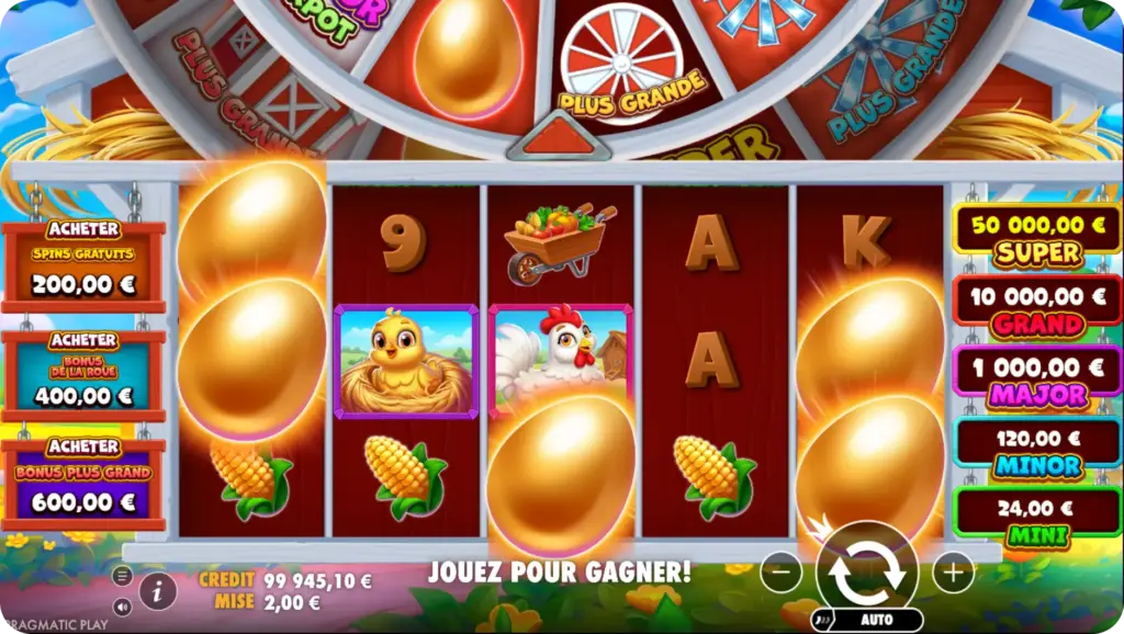 Interface de la machine à sous Chicken avec bonus à acheter et jackpots.